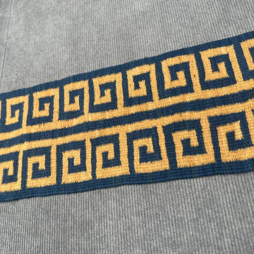 Handwoven Wool Greek Key Runner Navy Blue Mustard‎ Yellow Geometric Textile 26x8